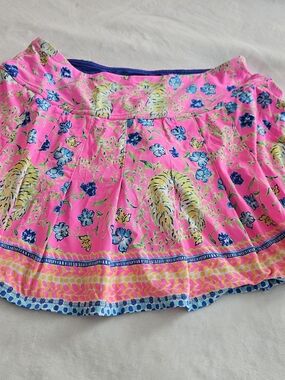 Bright Pink Floral Pleated Women’s Skirt With Built-in Pants
